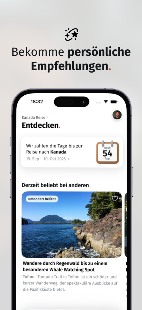 Wildful Stories: Roadtrip App - Captura de pantalla de la pantalla de descubrimiento de la aplicación Wildful Stories que muestra recomendaciones de viaje personalizadas para un viaje a Canadá y un temporizador de cuenta atrás.