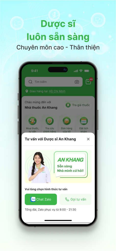 Nhà Thuốc An Khang - Nhà Thuốc An Khangアプリのインターフェース。チャットや電話での薬剤師相談オプションが表示されています