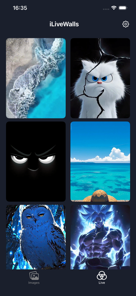 iLiveWalls - Live Wallpaper 4k - Mobile app interface for iLiveWalls showing a grid of six high-quality wallpapers including a white cat, a tropical beach, and an anime character.