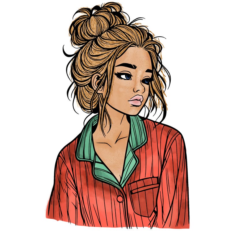 realistic woman with pajamas on and a messy bun