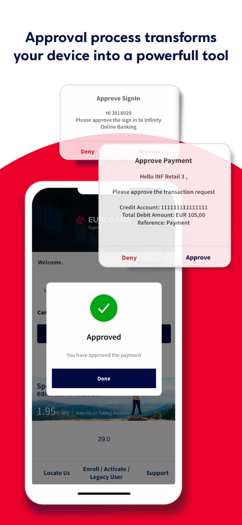 Eurobank Cy - Eurobank Cy app interface displaying secure transaction and sign in approval notifications.