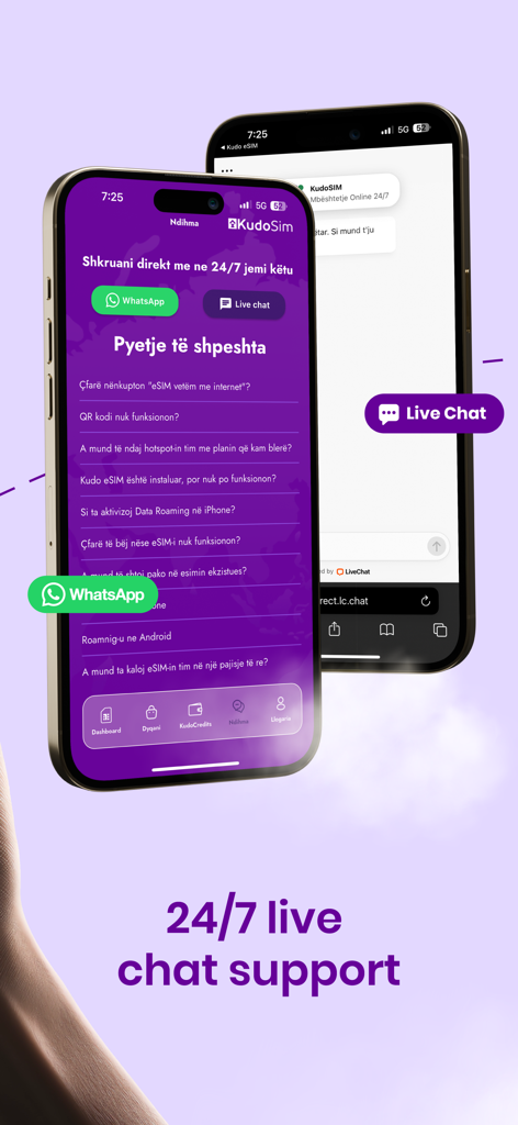 Kudo eSIM - Kudo eSIM app interface on an iPhone displaying 24/7 live chat and WhatsApp support options
