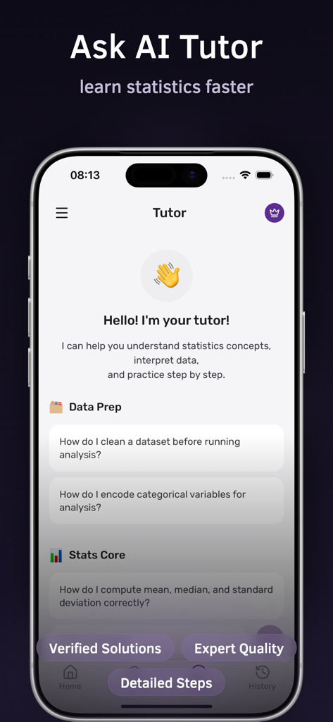 Statistics Problem Solver AI - AI Tutor screen in the Statistics Problem Solver app for learning statistics faster with step by step help