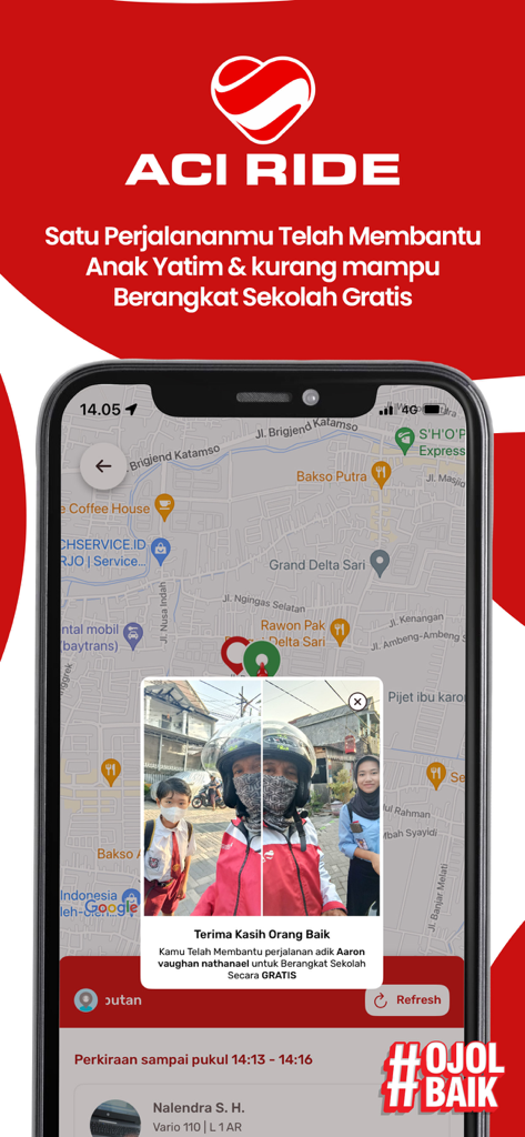 ACI Ride app screenshot showing a map and a notification about helping underprivileged children get to school for free