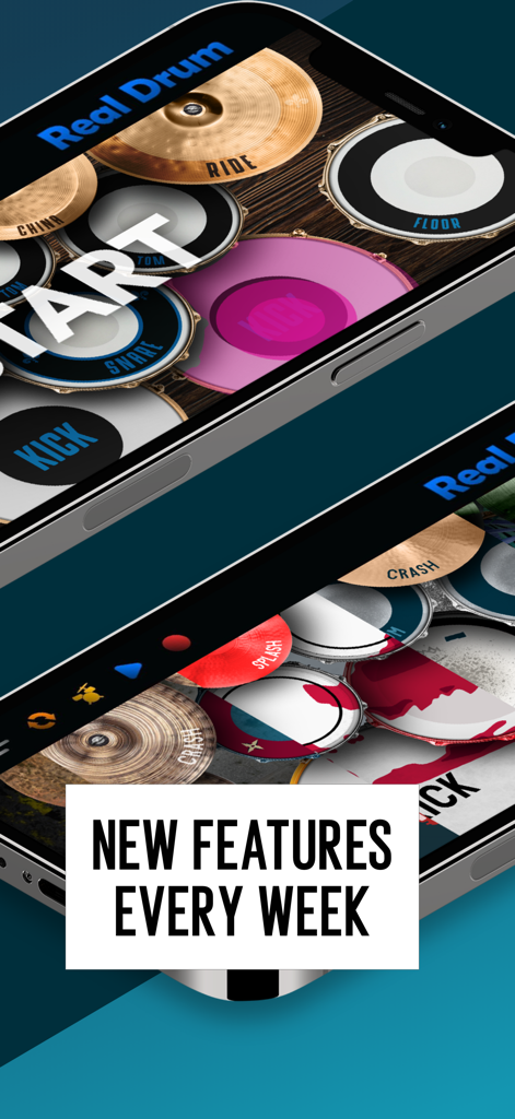 Real Drum app interface showing various drum kit skins and the text New features every week