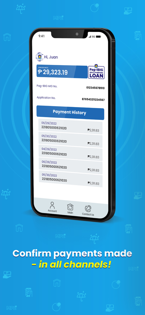 Virtual Pag-IBIG - バーチャルPag-IBIGアプリのローン残高と支払い履歴を表示するユーザーインターフェース。