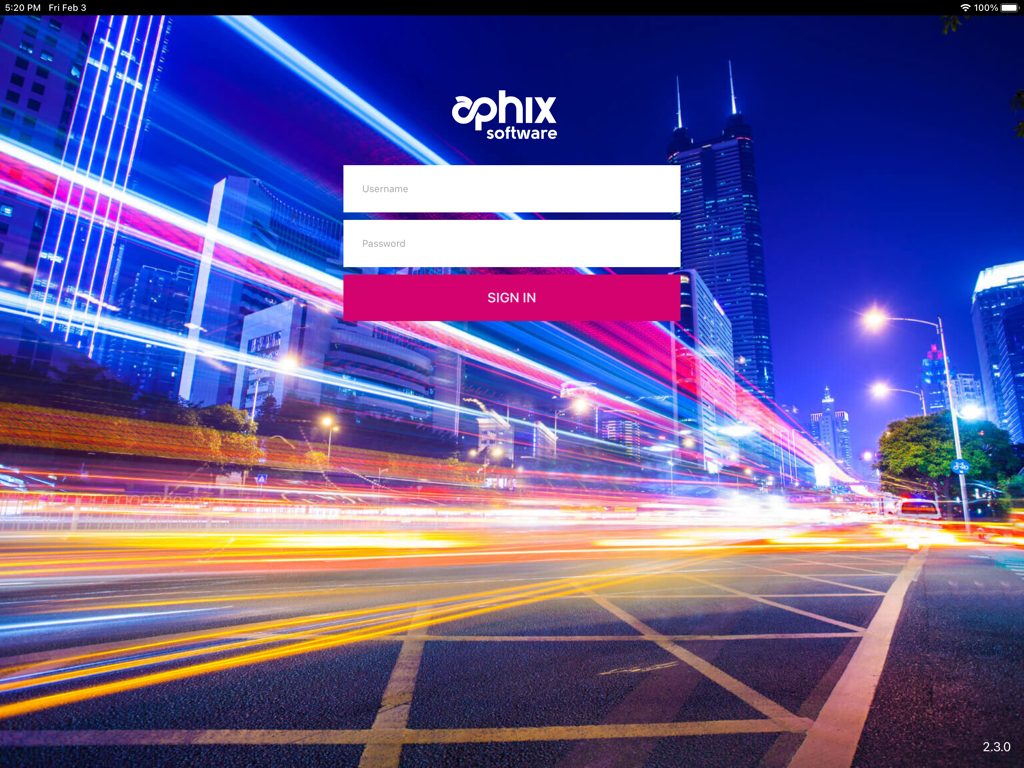 SalesRep by Aphix - SalesRep by Aphix login screen on an iPad featuring username and password fields over a city night background with light trails.