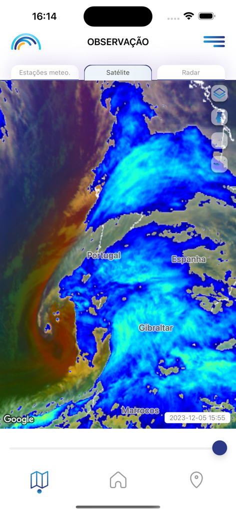 Mapa de observación meteorológica por satélite de Portugal y España en la interfaz de la aplicación móvil Meteo IPMA