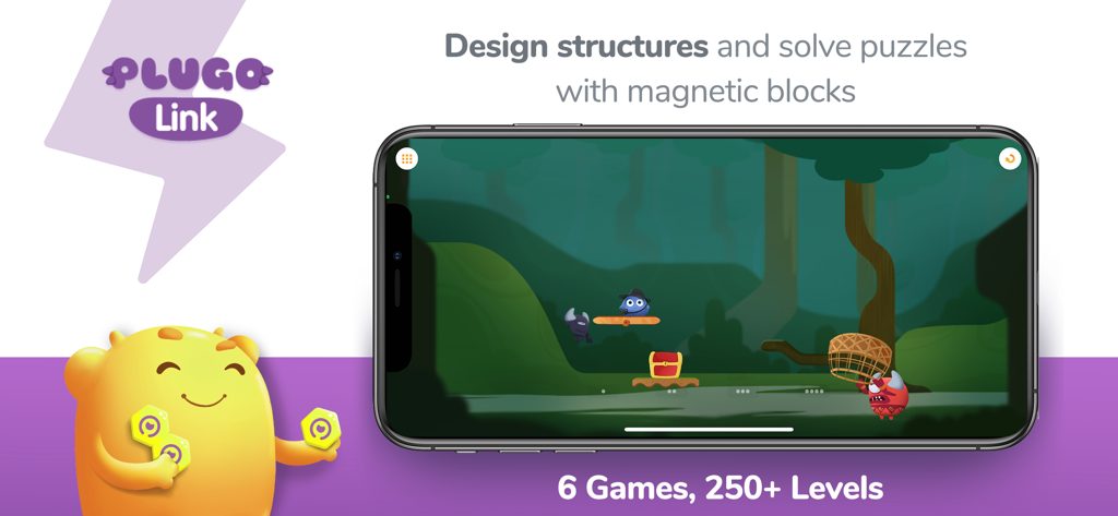 Interface du jeu de puzzle éducatif Plugo Link montrant un puzzle sur le thème de la jungle et une mignonne mascotte jaune tenant des blocs magnétiques