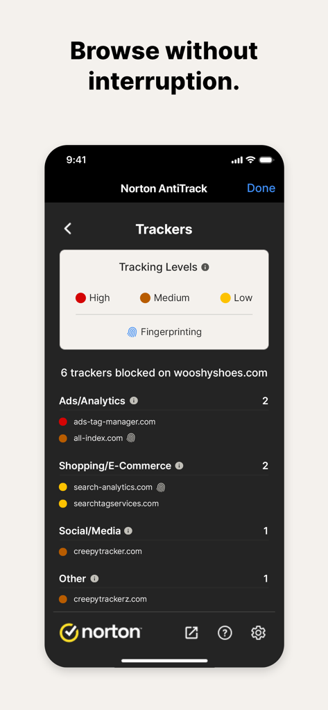 Norton AntiTrack - Interface Norton AntiTrack montrant une liste détaillée des traqueurs bloqués et des tentatives de fingerprinting sur un site Web