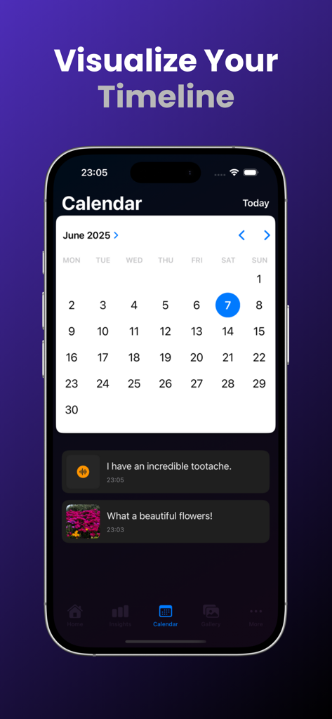 Una interfaz de calendario minimalista en la aplicación Memory Crumbs que muestra las entradas diarias del diario como pequeños momentos.