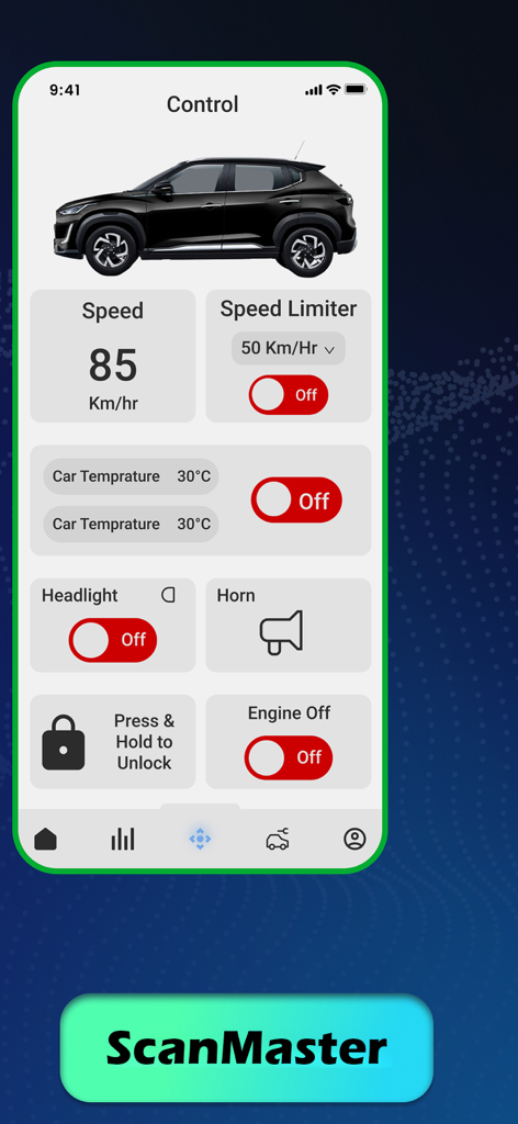 ScanMaster Lite: ELM327 OBD-2 - ScanMaster Lite app dashboard showing real time vehicle speed and remote control features