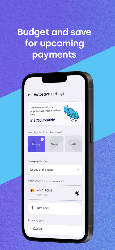 Lint - Lint mobile app interface showing autosave settings to budget and save for upcoming payments