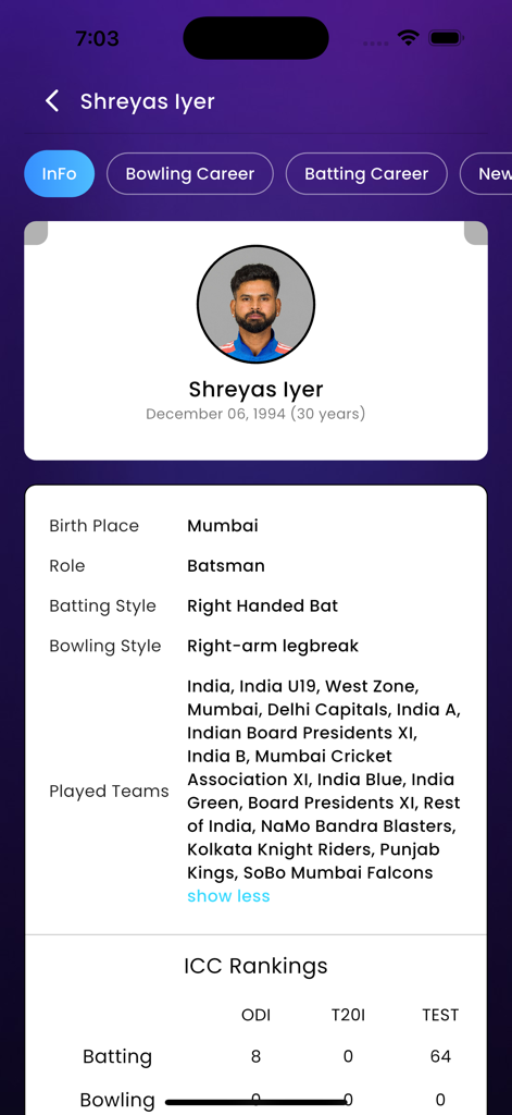 Perfil do jogador Shreyas Iyer com estatísticas de carreira e classificações da ICC no aplicativo WebCric