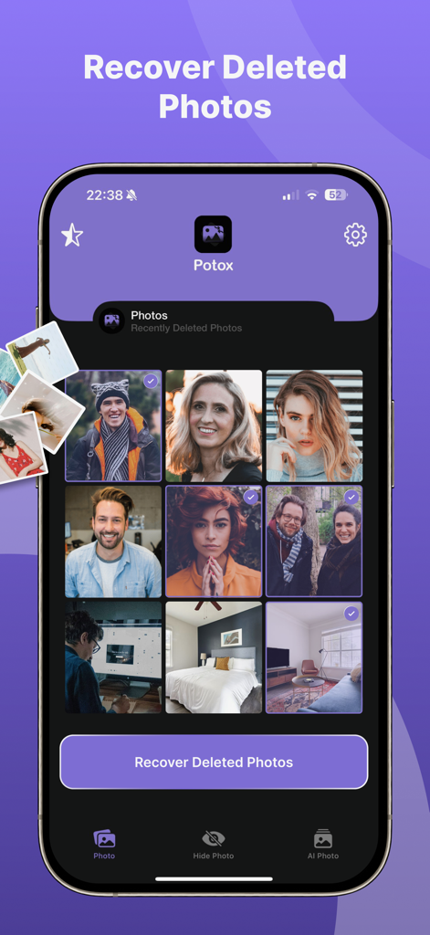Potox: Recover Deleted Photos - Smartphone screen showing the Potox app interface with a photo grid and a button to recover deleted photos.
