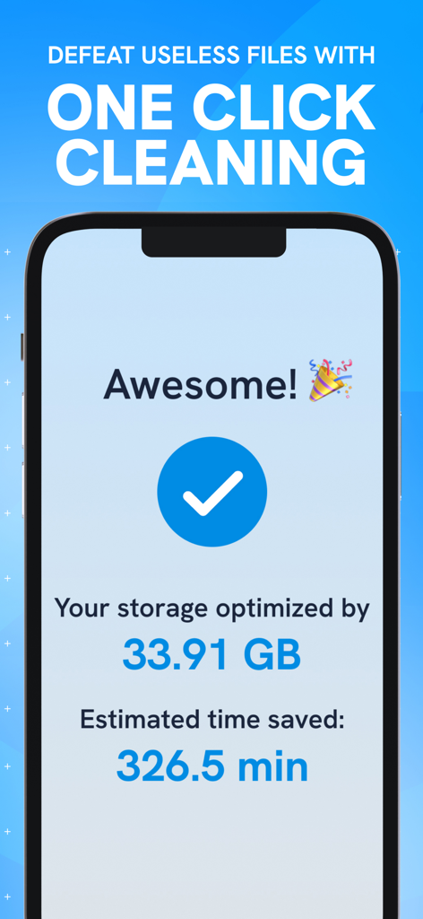 Easy Clean: Photo Cleaner - Easy Clean app success screen showing storage space optimized and time saved