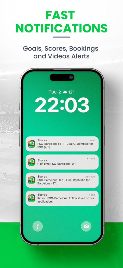 Skores - Live Scores & Results - iPhone lock screen displaying real-time sports goal and score notifications from the Skores app