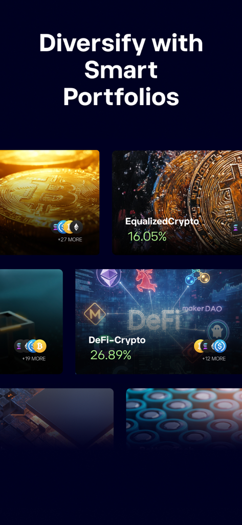 eToro app screen displaying diversified smart portfolios for crypto and DeFi investments