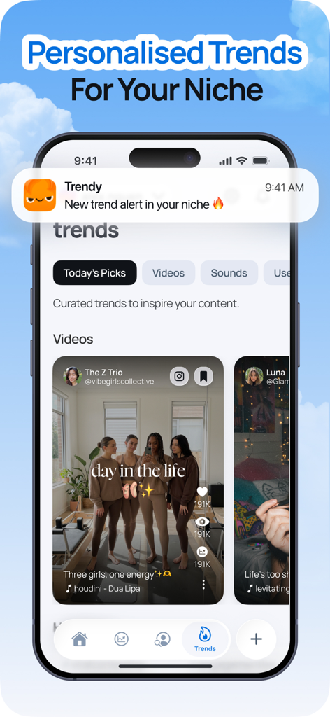 Trendy Profile Tracker & Boost - クリエイター向けのパーソナライズされたソーシャルメディアトレンドとトレンドアラートを表示するTrendyアプリダッシュボード