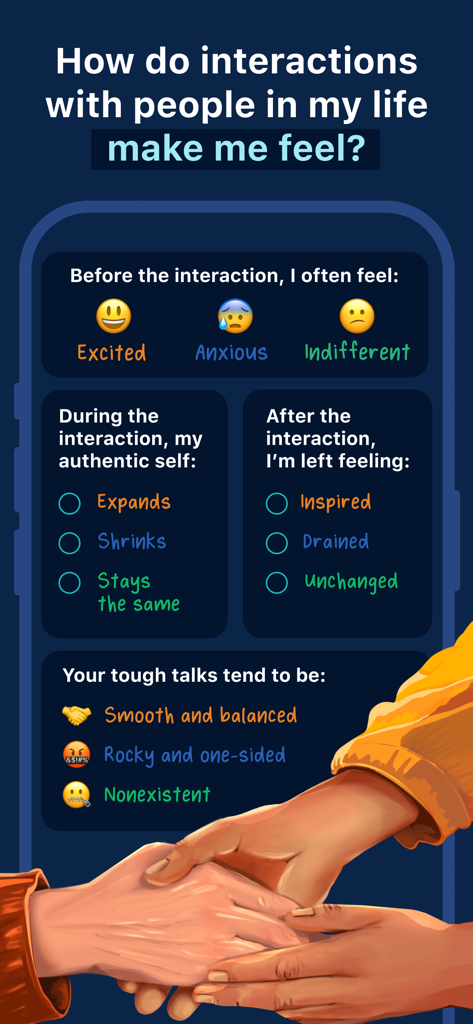 Lumiere: Anxiety & Stress Aid - A questionnaire in the Lumiere app tracking emotions and authenticity during social interactions and tough conversations