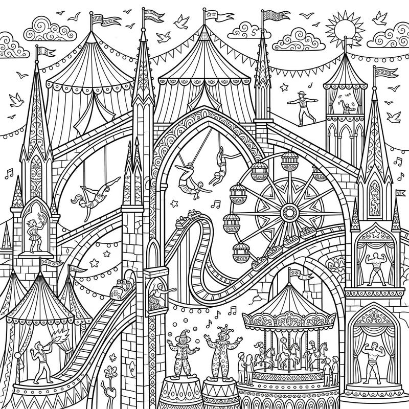 Immerse yourself in a spectacular coloring adventure where majestic Gothic flying buttresses transform into a bustling carnival. This intricate design combines architectural grandeur with the joyous energy of a lively fairground.