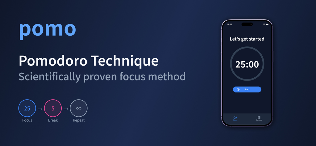 pomo - Pomodoro Focus Timer - Marketinggrafik für die pomo App, die die Pomodoro-Technik mit einem 25-minütigen Fokus-Timer auf einem iPhone-Bildschirm zeigt