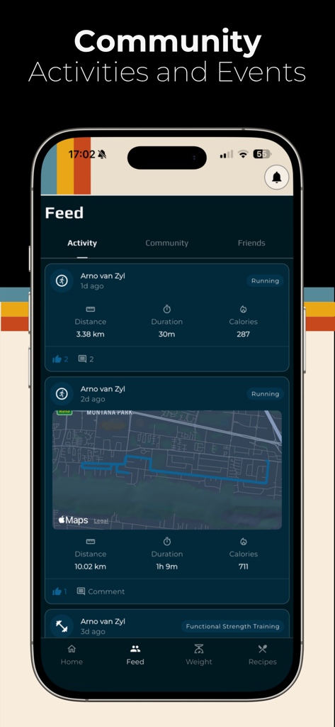 Re:Fit - Re Fit mobile app community screen displaying user workout activities and training logs