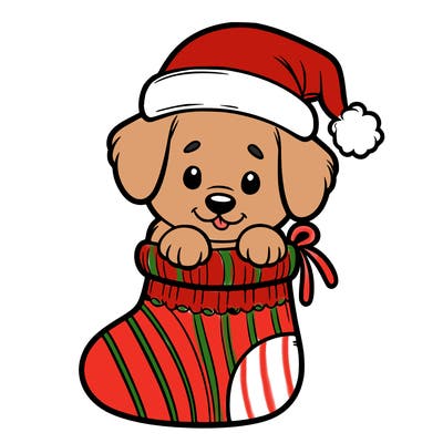 cute puppy wearing santa hat in socking