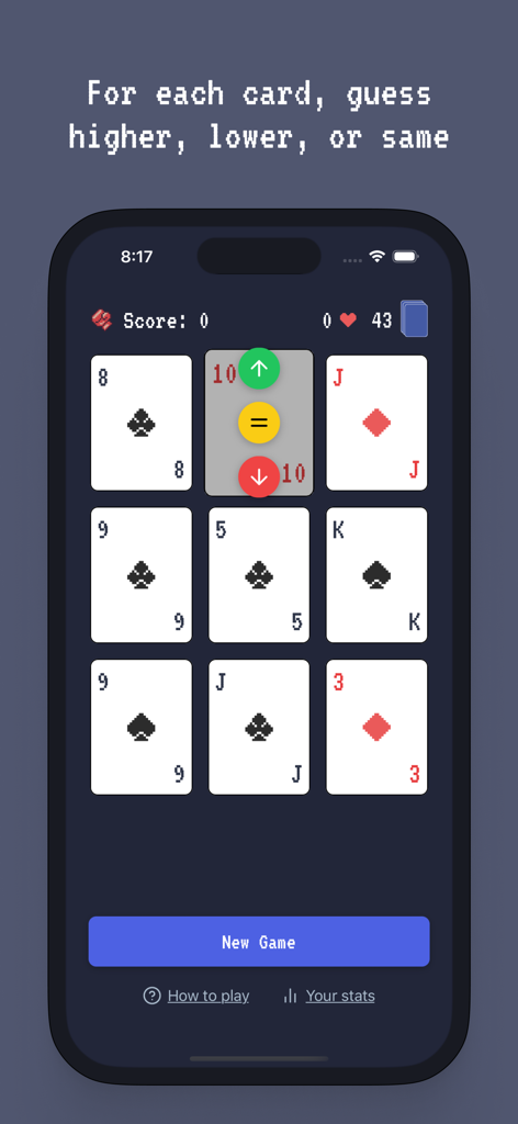 Beat the Box – card game - Beat the Box card game interface showing a grid of playing cards with higher lower and same guessing options