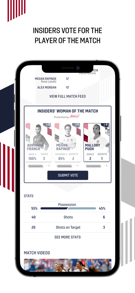 U.S. Soccer – Official App - Interface of the US Soccer app showing the Woman of the Match voting screen and match statistics