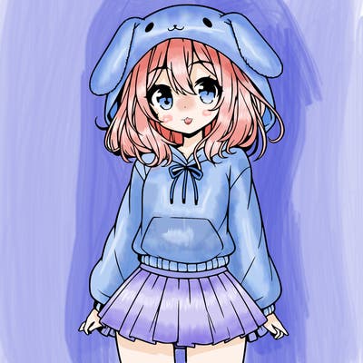 pretty anime girl wearing a fluffy hoodie with bunny ears on the hood and a skirt