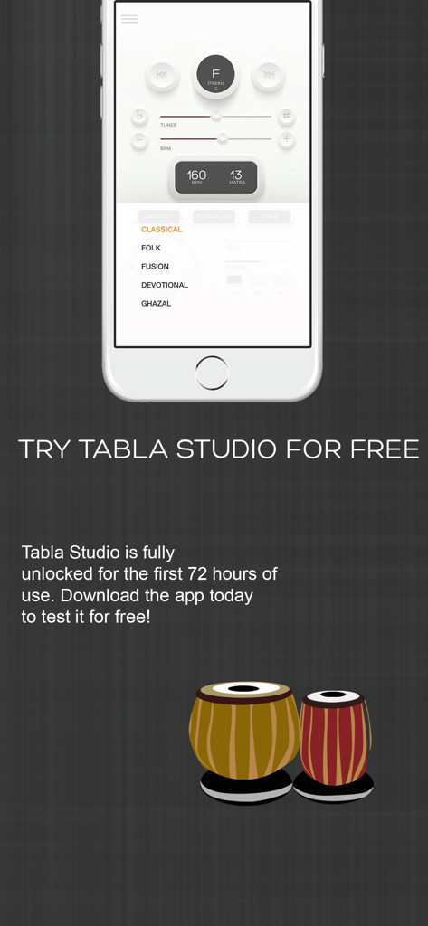 Tabla Studio - Smartphone displaying Tabla Studio app interface with a free trial offer and a pair of Indian tabla drums