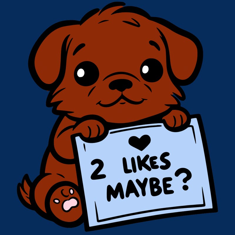 a puppy holding a sign that says 2 likes maybe?