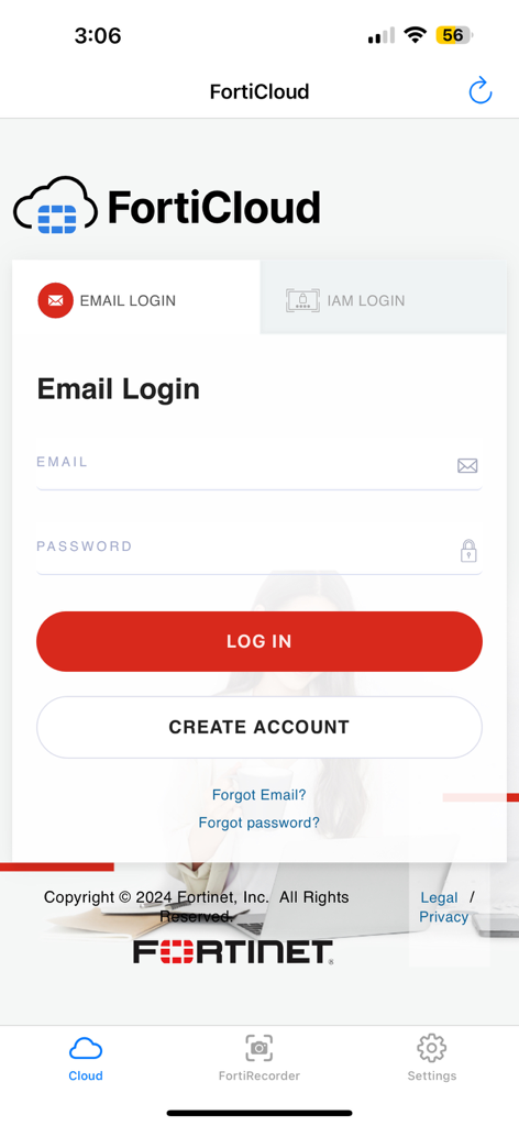 FortiCamera - FortiCloud email login screen in the FortiCamera app for secure camera access