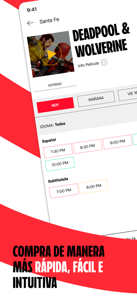 Interfaz de la app de Cinemex mostrando horarios de películas para Deadpool y Wolverine
