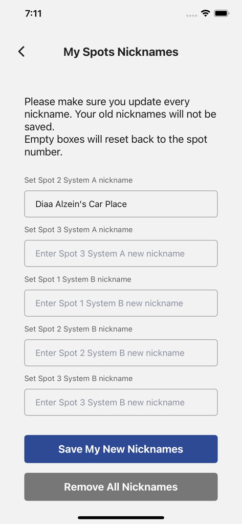 VSpaceParkers - Écran de l'application VSpaceParkers pour définir des surnoms personnalisés pour les places de range-voiture automatisées