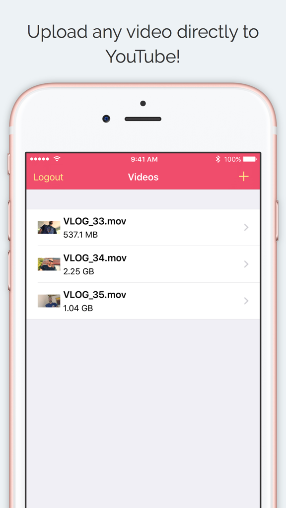 iPhone screen of YouUpload app showing a list of vlog video files ready to upload to YouTube