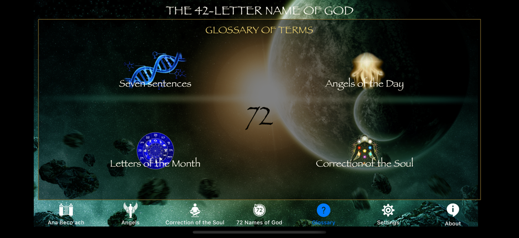 The 42-Letter Name of God - Glossary of terms screen for the 42-Letter Name of God app featuring Kabbalistic icons on a celestial space background.