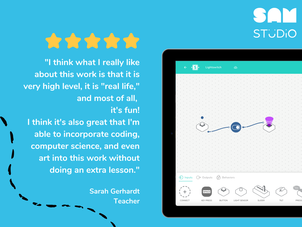 SAM Studio teacher testimonial next to an iPad showing a visual flow-based coding project