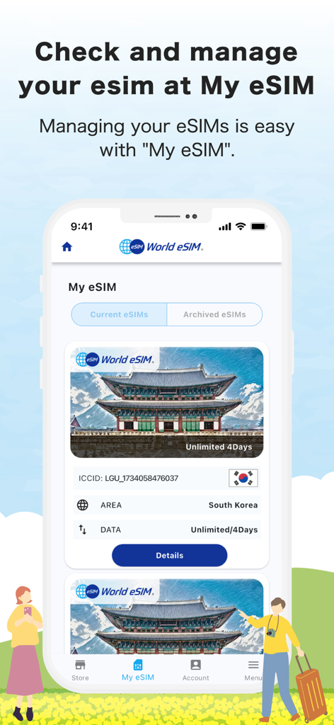Dashboard der World-eSIM Mobil-App, das einen aktiven unbegrenzten Reise-Datentarif für Südkorea anzeigt.