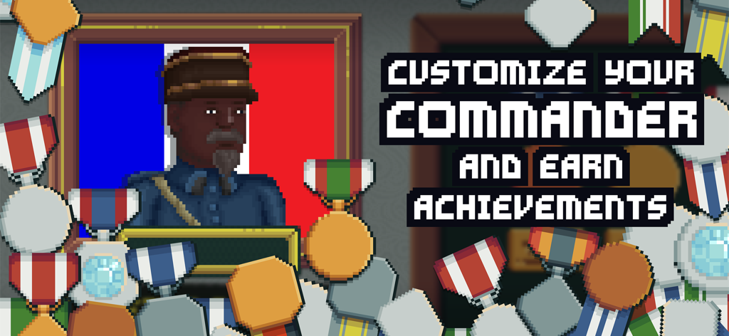 Uma tela de jogo em pixel art de To The Trenches mostrando um menu de personalização de comandante com um fundo de bandeira francesa e medalhas militares.