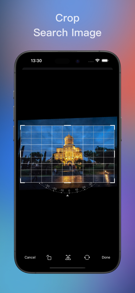 Interface of the Imagio app showing the crop and search tool for visual identification
