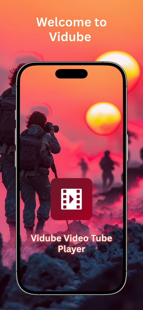 Vidube Video Tube Player Pro - Welcome screen of the Vidube Video Tube Player app showing the logo over a sunset landscape background.