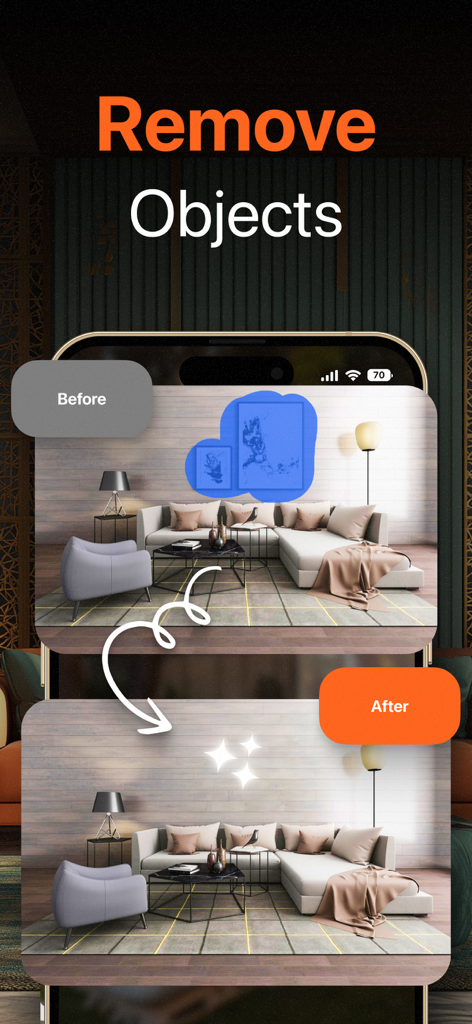 AI Home Design - Homely AI - AI tool showing a before and after comparison of removing wall decor from a living room