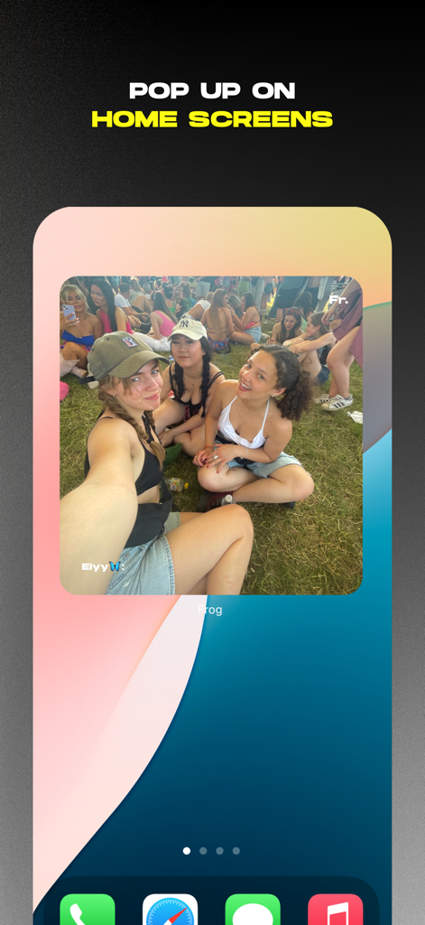 Fr. App의 대형 사진 위젯을 특징으로 하는 아이폰 홈 화면, 솔직한 친구 그룹 표시