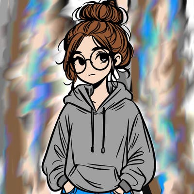 teen girl with a messy bun and glasses wearing a loose hoodie and jeans