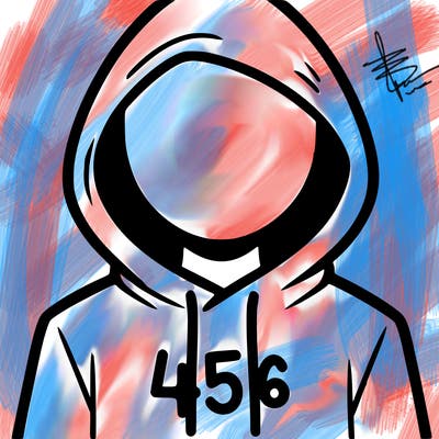 a person with non face waering a hoodie with a 456 symbol