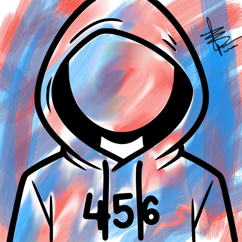 a person with non face waering a hoodie with a 456 symbol