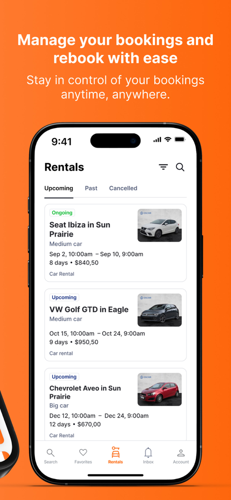 Oscar Car Rental - Oscar Car Rental app interface showing a list of upcoming car rental bookings with vehicle details and rental dates