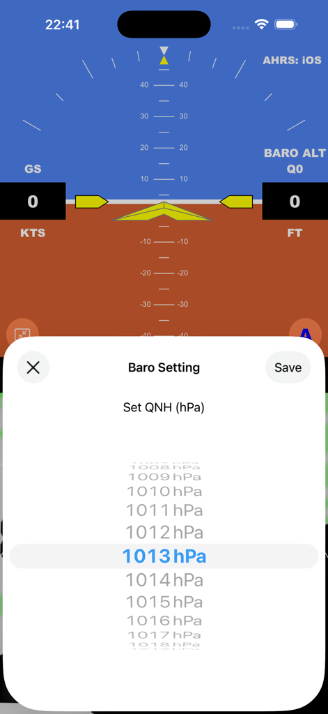 iEFIS Pro - iEFIS Pro app interface showing the barometric pressure setting menu for pilots